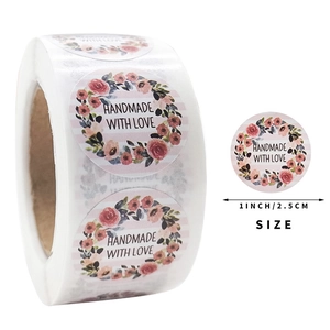 Handmade With Love Floral Wreath Stickers Round Kraft Paper Self Adhesive Labels For Gift Packaging Bakery Sealing Decorative Stationery