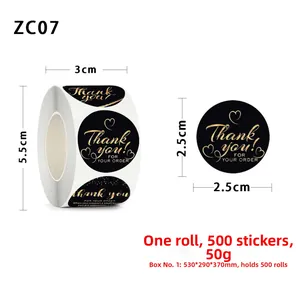 Detail of round Thank You stickers in black and gold with 2.5cm diameter measurements