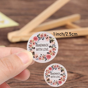 1-inch floral wreath stickers with 'Handmade with Love' text for gift packaging
