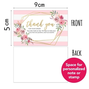 Double-sided floral Thank You cards 9x5cm with gold frame and elegant striped background