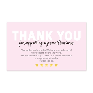 Pink thank you card with gold stars for business packaging and customer appreciation