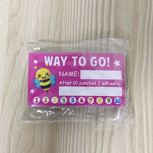 Detail of 50 reward punch cards for students featuring a purple bee design in plastic packaging