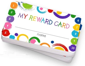 Close-up of colorful student reward cards featuring 10 reward spots and name field