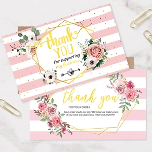 Floral thank you cards with pink stripes and gold hexagon frames for small business
