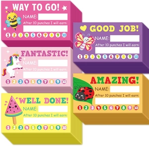 Detailed stack of colorful cartoon punch cards for classroom reward systems