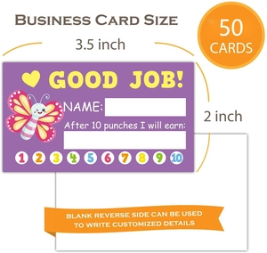 Detailed view of 50 purple butterfly loyalty punch cards with 10 spots for student rewards