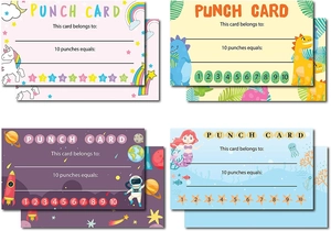 Detailed view of colorful punch cards for students featuring dinosaur and unicorn themes