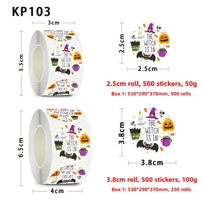 Detailed dimension guide for 500pcs Halloween roll stickers in 2.5cm and 3.8cm sizes