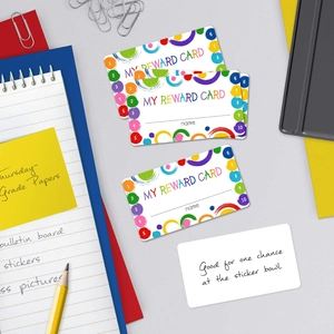 50 pack of vibrant classroom reward cards for teachers with name field and 10 punch spots