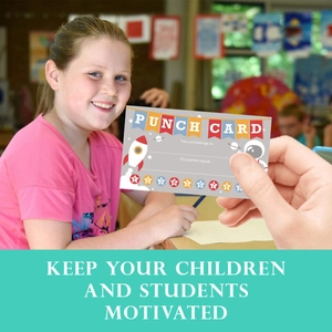 Space-themed punch card for student rewards featuring rocket and astronaut illustrations