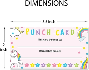 Detailed dimensions of unicorn reward punch cards measuring 3.5 by 2 inches for students