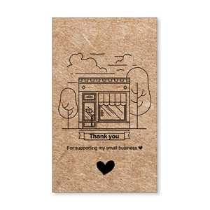 Detail of kraft thank you card for small business with hand-drawn shop and tree illustration