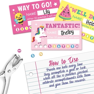 Cute cartoon punch cards for kids reward system with bee and unicorn designs
