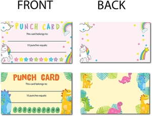Front and back detail of 10-punch cards in unicorn and dinosaur themes for students