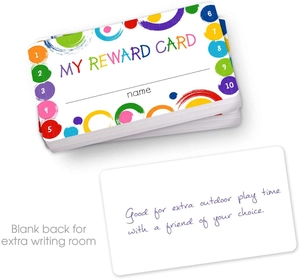 Detail showing the blank back of classroom reward cards for extra writing and notes