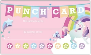 Macro view of pink unicorn loyalty punch card for students with ten punch slots