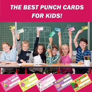 Macro detail of student punch cards with animal designs and 10 reward tracking points