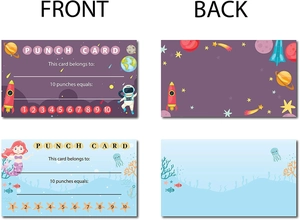 Detailed views of space and mermaid theme punch reward cards with ten scoring spots
