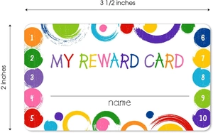 Detail of 3.5x2 inch reward card with colorful dots and 10-point scoring system