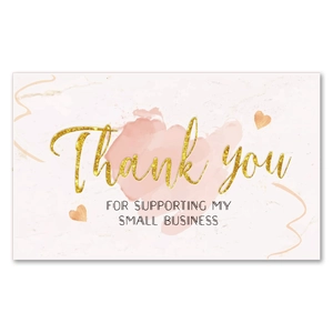 Pink watercolor and marble Thank You business cards with gold glitter text and heart icons