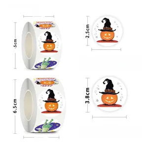 Detail view of 2.5cm and 3.8cm Halloween pumpkin stickers with dimension labels