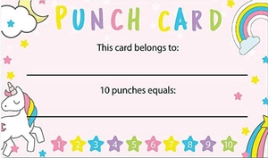 Pink unicorn reward punch card with 10 spots for tracking student habits and goals