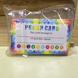 Close-up of rainbow watercolor loyalty punch cards with 10 spots for student rewards