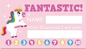 Detailed pink loyalty card with unicorn design and ten punch holes for student rewards