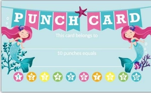 Detail of mermaid loyalty card with name field and ten colorful star reward punch marks