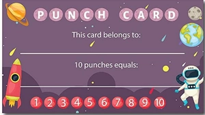 Detailed astronaut space theme kids punch card with 10 score spots and reward rules