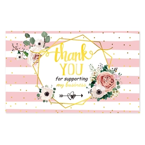Floral thank you cards with pink stripes and gold dots for small business packaging