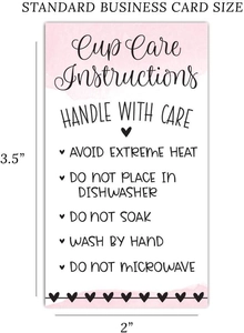 Detail view of 2x3.5 inch cup care instruction card with pink watercolor heart design