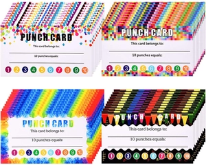 Detailed view of four colorful punch card designs for student and business reward systems