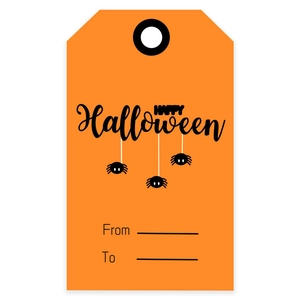 Close-up of orange Halloween gift tags featuring happy spiders and to-from labels