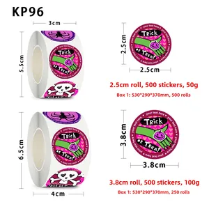 Detailed size chart for Halloween roll stickers showing 2.5cm and 3.8cm diameter options