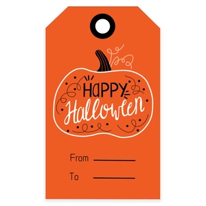 Macro view of orange Halloween gift tag with pumpkin illustration and From-To labels