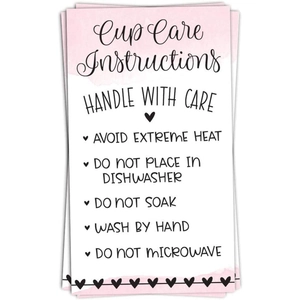 Pink Watercolor Heart Cup Care Instruction Cards For Glassware Tumblers Small Business Hand Wash Only Instruction Guide
