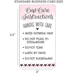Watercolor design 3.5 x 2 inch glass cup care instruction card with pink accents
