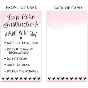 50 Pack pink watercolor glass tumbler care instructions cards with heart pattern