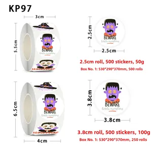 Detail of Halloween sticker roll showing sizes 2.5cm and 3.8cm with monster designs
