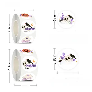 Detail view of Halloween stickers showing 2.5cm and 3.8cm roll sizes with spooky icons