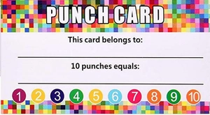 Detail view of colorful punch reward card with 10 spots for business and classrooms