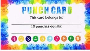 Detail of 10-punch loyalty reward cards with rainbow watercolor border for business and school