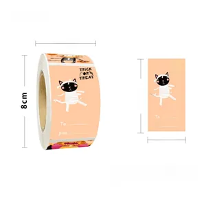 Detail view of 300 Halloween labels roll showing Mummy Cat design with size measurements