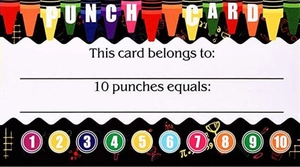 Detailed view of colorful student loyalty punch cards with 10 rewards slots for teachers