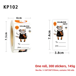 Macro view of 300 Happy Halloween roll stickers featuring cartoon cats and pumpkins