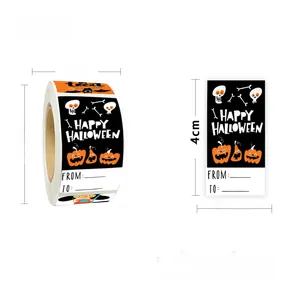 Detail of Happy Halloween gift stickers roll with pumpkin designs and From/To signature space