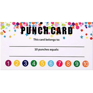 Pack of 50 colorful loyalty punch cards for business and classroom rewards 5x9cm