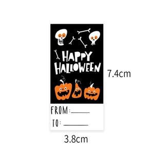 Detail view showing a Happy Halloween sticker with pumpkin icons and 7.4x3.8cm dimensions
