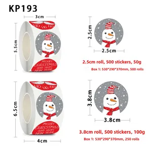 Detail view of round Christmas stickers roll showing 2.5cm and 3.8cm size dimensions